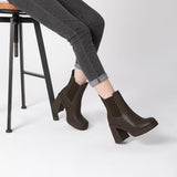 Athlefit Women's Platform Chelsea Boots High Chunky Heel Ankle Boots Square Toe Slip On Elastic Heeled Booties Dark Brown Size 8