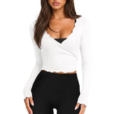 Talakeno Womens Ballet Wrap Tops Cropped Long Sleeve Self Tie Front Shirt Y2K Workout Yoga Pilates Dance Cover Up Blouse(White,XL)