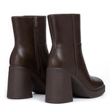 Athlefit Women's Platform Ankle Boots High Chunky Block Heel Brown Boots Fashion Square Toe Zipper Heeled Booties Size 9.5
