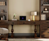60-inch Vintage Wood Home Office Desk with Stable Solid Wood Pedestral Legs, Tradional Rustic Executive Desk, Dark Walnut Brown