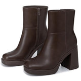 Athlefit Women's Platform Ankle Boots High Chunky Block Heel Brown Boots Fashion Square Toe Zipper Heeled Booties Size 9.5