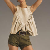 Hixiaohe Shirred Swing Tank Tops for Women Fashion Flowy Sleeveless Shirts Casual Crew Neck Blouse Loose Fit Ruffled Tops(Khaki,XS)