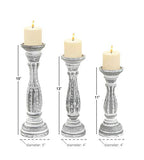 Deco 79 Wooden Decorative Candle Holder Distressed Turned Candle Stand, Set of 3 Candlestick Holder 15", 13", 11"H, Gray