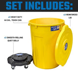 Yellow 44 Gallon Trash Can Set (Trash Can, Quiet Dolly, and Reinforced Lid