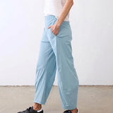 SeeLuNa Women Barrel Travel Pants Elastic Waistband Tapered Leg Baggy Mid Rise Work Trousers Lounge Pant with Pockets(Light-Blue,L)