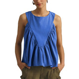 Hixiaohe Shirred Swing Tank Tops for Women Fashion Flowy Sleeveless Shirts Casual Crew Neck Blouse Loose Fit Ruffled Tops(Dark-Blue,M)