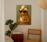 Funny Cat Bathroom Canvas Wall Art Cool Orange Tabby Cat Drinking Coffee Wall Decor Pictures Maximalist Preppy Aesthetic Posters Prints for Cafe Bar Bathroom Home Decoration 12x16in