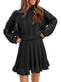 Tankaneo Womens 2 Piece Sweater Skirts Set Chunky Cable High Neck Long Sleeve Sweaters Ruffle Mini Skirt Lounge Set
