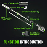 Novorikx 60V Pole Saw for Tree Trimming, High-Power Electric Pole Chainsaw with 10-Inch Bar, 15FT Reach Battery Powered Pole Saw for Heavy-Duty Branch Cuttin