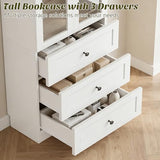 Cyclysio White Bookcase Set with 8 Doors & 3-Tier Open Shelves – 80” Tall Bookcase with 4 Drawers