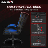 N-GEN Video Gaming Chair Ergonomic Computer Desk Office Chair with Lumbar Support Adjustable Height (Blue)
