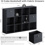 Cube Storage Organizer with 12 Open Shelf, Black Bookshelf with Storage Bins, Freestanding Book Case