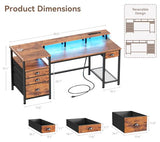 Furologee 60" Computer Desk with File Cabinet and Storage Shelves, Reversible Home Office Desk with LED Lights, Full Monitor Stand, Power Outlets
