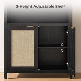 SICOTAS 84.2" Tall Arched Bookcase with Doors - 5 Tier Rattan Bookshelf