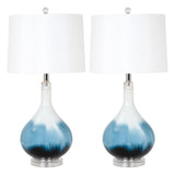 Pemberly Row Table Lamps Set of 2, 28-Inch Blue Tone Glass Base, Linen Hardback Shade, 3-Way Switch, Max 100W Bulb, Elegant Lighting for Living Room or Bedroom Decor