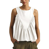 Hixiaohe Shirred Swing Tank Tops for Women Fashion Flowy Sleeveless Shirts Casual Crew Neck Blouse Loose Fit Ruffled Tops(Pure-White,L)