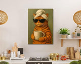 Funny Cat Bathroom Canvas Wall Art Cool Orange Tabby Cat Drinking Coffee Wall Decor Pictures Maximalist Preppy Aesthetic Posters Prints for Cafe Bar Bathroom Home Decoration 12x16in