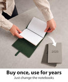 Leather Journal Cover – Refillable A6 Notebook Cover (5.3" x 6.5") with 3 Elastic Bands for Multiple Inserts, Genuine Leather Travel Diary Case with Pockets & Pen Holder Green (Inserts Not Included)