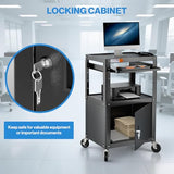 Steel Large AV Cart with Locking Cabinet - Adjustable Height Media Carts with Wheels, Pullout Tray, Power Strip for Mobile Work Station