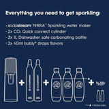 SodaStream - Terra Sparkling Water Maker | VALUE BUNDLE | CQC CO2 system | Includes 2x CO2 Cylinders, 3x 32 Fl Oz Dishwasher Safe Bottles, 2x Bubly Flavor Drops | Combine with Pepsi Flavors | White