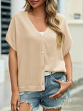 NEWHER Womens Batwing Short Sleeve Cardigans Sweaters Tops Spring Summer 2026 Oversized V Neck Button Up Knit Cardigan Khaki