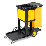3-Shelf Commercial Cleaning Cart, Housekeeping Caddy with Locker,Wheeled with Yellow Vinyl Bag,