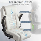 GTPOFFICE Executive Office Chair with Comfortable Lumbar Support, Ergonomic Gaming Chair with Flip-up Armrests & Zoned Pressure-Relief Cushion, Comfy PU Leather Desk Chair, White