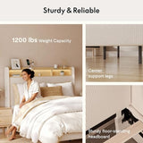 FLEXISPOT 51” Queen Bed Frame with LED Lights, Charging Station & Storage Shelf, Elegant Corduroy Upholstered Platform Bed with Tall Wingback Headboard, No Box Spring Needed, Beige