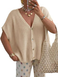 NEWHER Womens Batwing Short Sleeve Cardigans Sweaters Tops Spring Summer 2026 Oversized V Neck Button Up Knit Cardigan Khaki