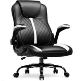 COMHOMA Office Computer Gaming Chair Ergonomic Desk Chair for Adults with Lumbar Support Flip-Up Arms Adjustable Height Swivel Wheels PU Leather Executive Design for Short People Use, White