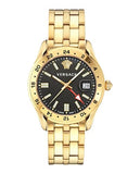 Versace Greca Time GMT Men’s Watch, Swiss Made Luxury Designer Watch with Black Guilloche Dial, Gold IP 41mm Stainless Steel Case, Gold Bracelet, Deployant Clasp, Date Display, 5 ATM
