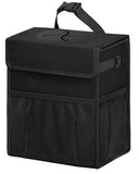 HORJONES Corduroy Car Trash Can with Lid and Mesh Pockets - Leakproof Organizer,Multipurpose Waterproof Garbage Can/Trash Bin for Car(Black-2 Gallons)