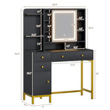 AOGLLATI Makeup Vanity with Lights in 3 Colors, Black Vanity Desk with Mirror and Lights, Vanity Table with Charging Station, Makeup Desk with Visible Drawers, Hidden and Open Storage Shelves