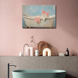 Cute Bathroom Cat In Bathtub Canvas Wall Art Trendy Pink Bow White Cat Wall Decor Pictures Aesthetic Posters Prints for Girly Bathroom Toilet Decoration 12x16in