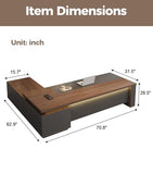 Large Modern Executive Office Desk with Open Storage Shelves, LED Lighting