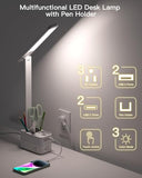 Addtam LED Desk Lamp with Pen Holder, Study Lamps with 3 Outlets 4 USB Charging Ports(2 USBC), 3 Color Modes Desk Light Touch Lamp