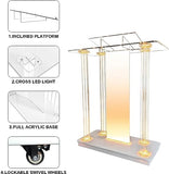 Customizable Logo & Text Church Pulpit,Transparent LED Acrylic Podium with Wheels and Vertical Reading Platform