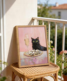 Framed Funny Black Cat Wall Art Champagne Oyster Bar Cart Picture Wall Decor Whimsical Black Cat Poster Print for Dining room Kitchen Living room Home Decoration 12x16in
