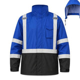 SRsafety Waterproof Security Rain Jacket, Blue Industrial Safety Coat for Men, Reflective Work Raincoat Gear, Windproof Hooded Utility Outerwear, 1-Piece Big and Tall Guard Uniform