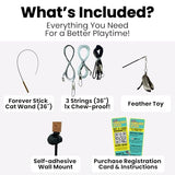 Forever Stick and 3 Strings including Chew Proof Metal Wire - The Unbreakable Cat Wand Toy, Durable Cat Toy Wand, Extra Long Cat String Toy, Cat Fishing Pole Toy for Bored Indoor Adult Cats, Stick Toy