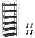 Rolanstar Bookshelf 6 Tier with 4 Hooks, Industrial Wood Bookcase, Vintage Storage Rack with Open Shelves, Black