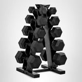 CAP 150 LB Rubber Coated Hex Dumbbell Hand Weight Set with Vertical Storage Rack | Black Handle