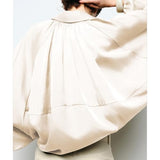 Talakeno Womens Puffed Bomber Jacket Casual Batwing Sleeve Lapel Collar Zip Shirts Oversized Pleated Streetwear Jackets(Beige,M)