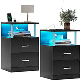 AOGLLATI Nightstand with Charging Station and LED Lights, Nightstands Set of 2, Bedside Table with Open Storage and 2 Drawers, 2 USB Ports, 2 Outlets, Modern End Side Table for Bedroom, Black