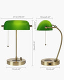 Newrays Green Glass Bankers Desk Lamp with Wireless Charger, USB Charging Port for Home Office,Stepless Dimmable Table Lamp Plug in Fixture