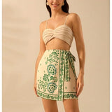 Talakeno Womens Summer Floral Wrap Short Skirt Tie Side High Waist A Line Beach Vacation Boho Mini Skirt (Sage Green, M)