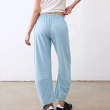 SeeLuNa Women Barrel Travel Pants Elastic Waistband Tapered Leg Baggy Mid Rise Work Trousers Lounge Pant with Pockets(Light-Blue,L)