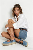 MAIJED Mary Jane Woven Espadrilles for Women Round Toe Ballerina Shoes Canvas Summer Flats Denim Blue US7fbanew