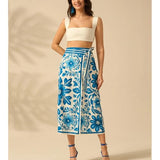 Talakeno Womens Floral Wrap Midi Skirt Summer Adjustable Tie Side Casual High Waist A Line Beach Boho Long Flared Skirts(Blue,L)