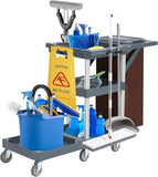Commercial Janitorial Cart on Wheels, 3-Shelf Cleaning Trolley Cart with 16-Gallon Trash Bag